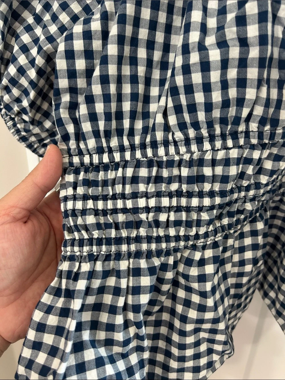 Old Navy Navy and White Gingham Puff-Sleeve Peplum Blouse